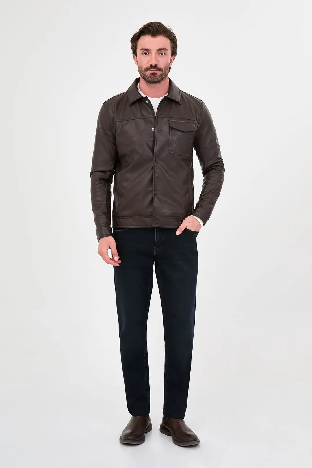 Brown Faux Leather Trucker Jacket