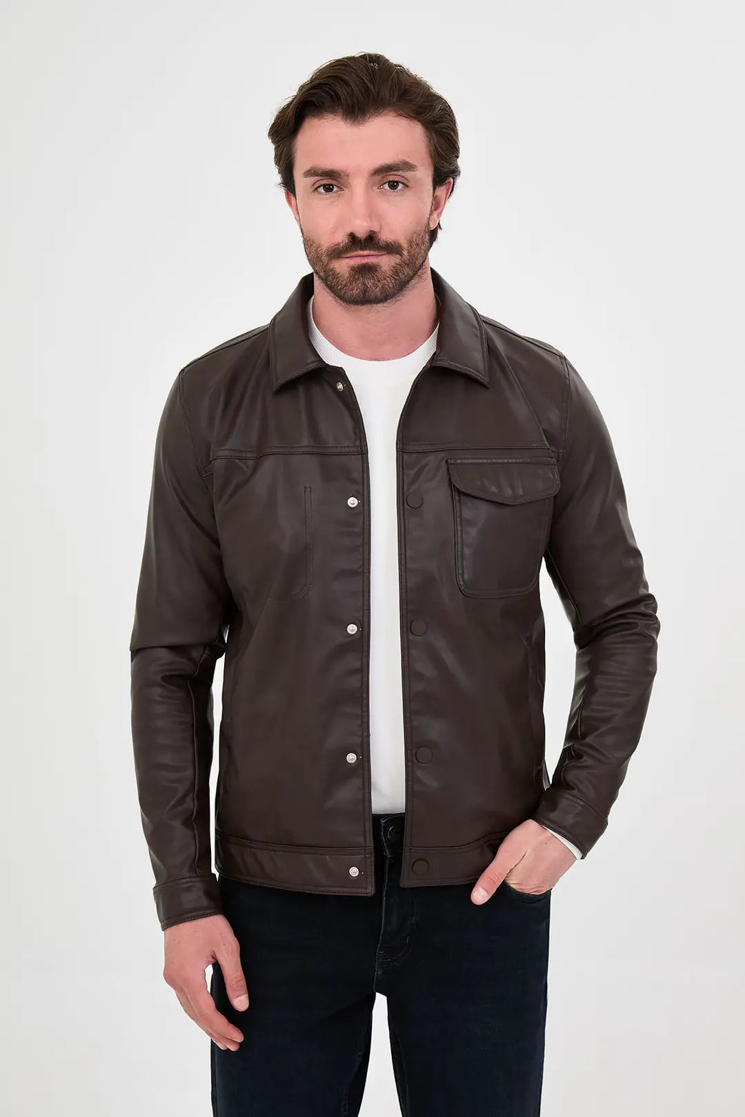 Faux Leather Trucker Jacket Brown