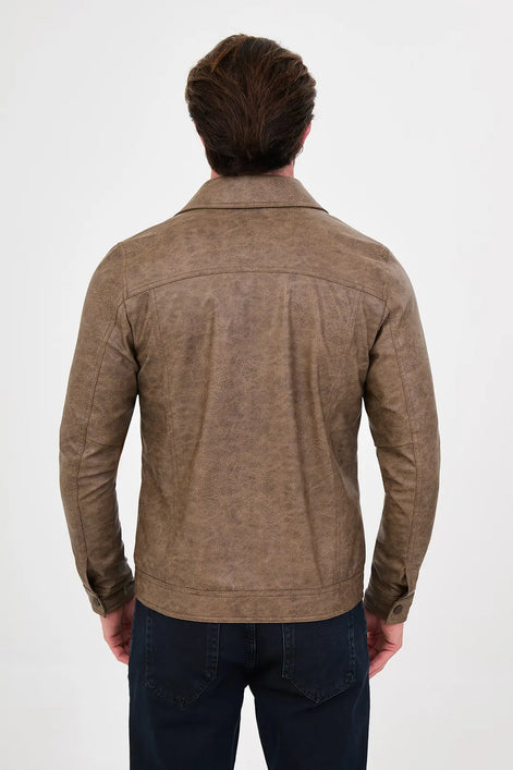 Camel Faux Leather Trucker Jacket