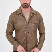 Faux Leather Trucker Jacket Camel