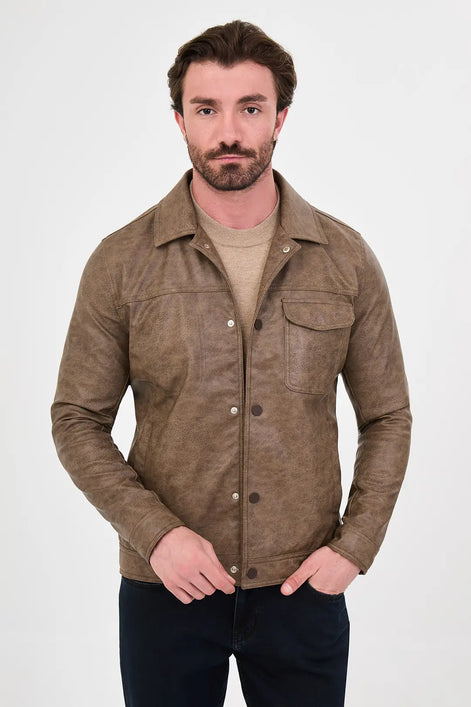 Faux Leather Trucker Jacket Camel