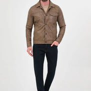 Camel Faux Leather Trucker Jacket