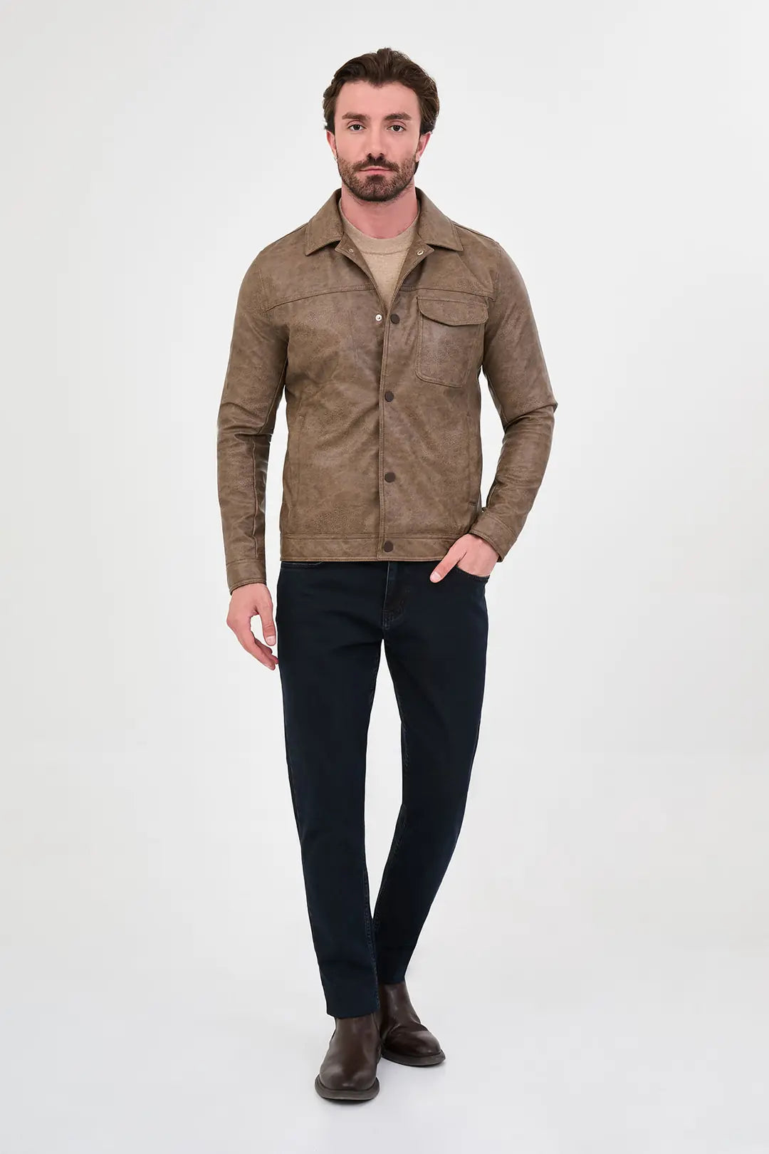 Camel Faux Leather Trucker Jacket