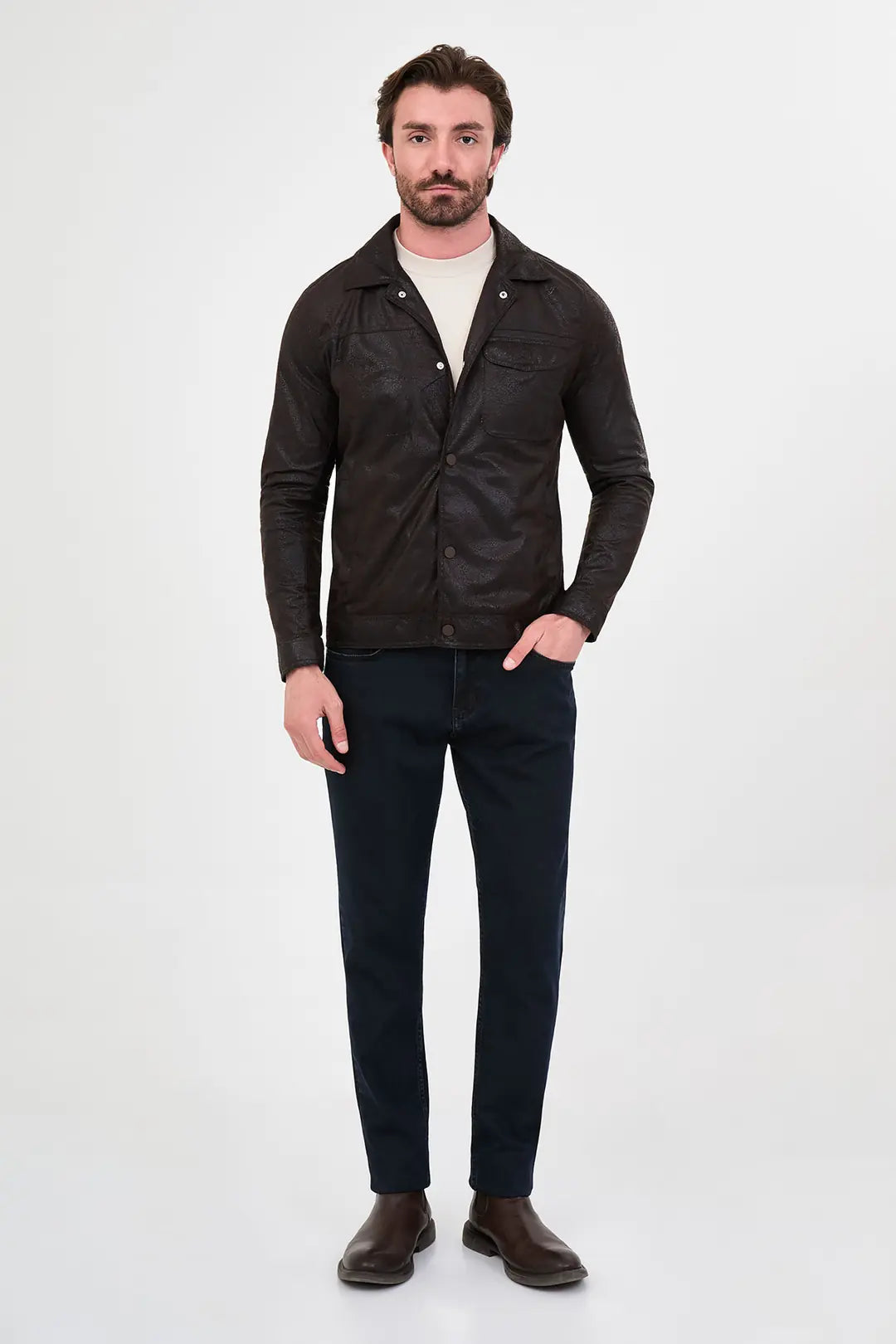 Coffee Faux Leather Trucker Jacket