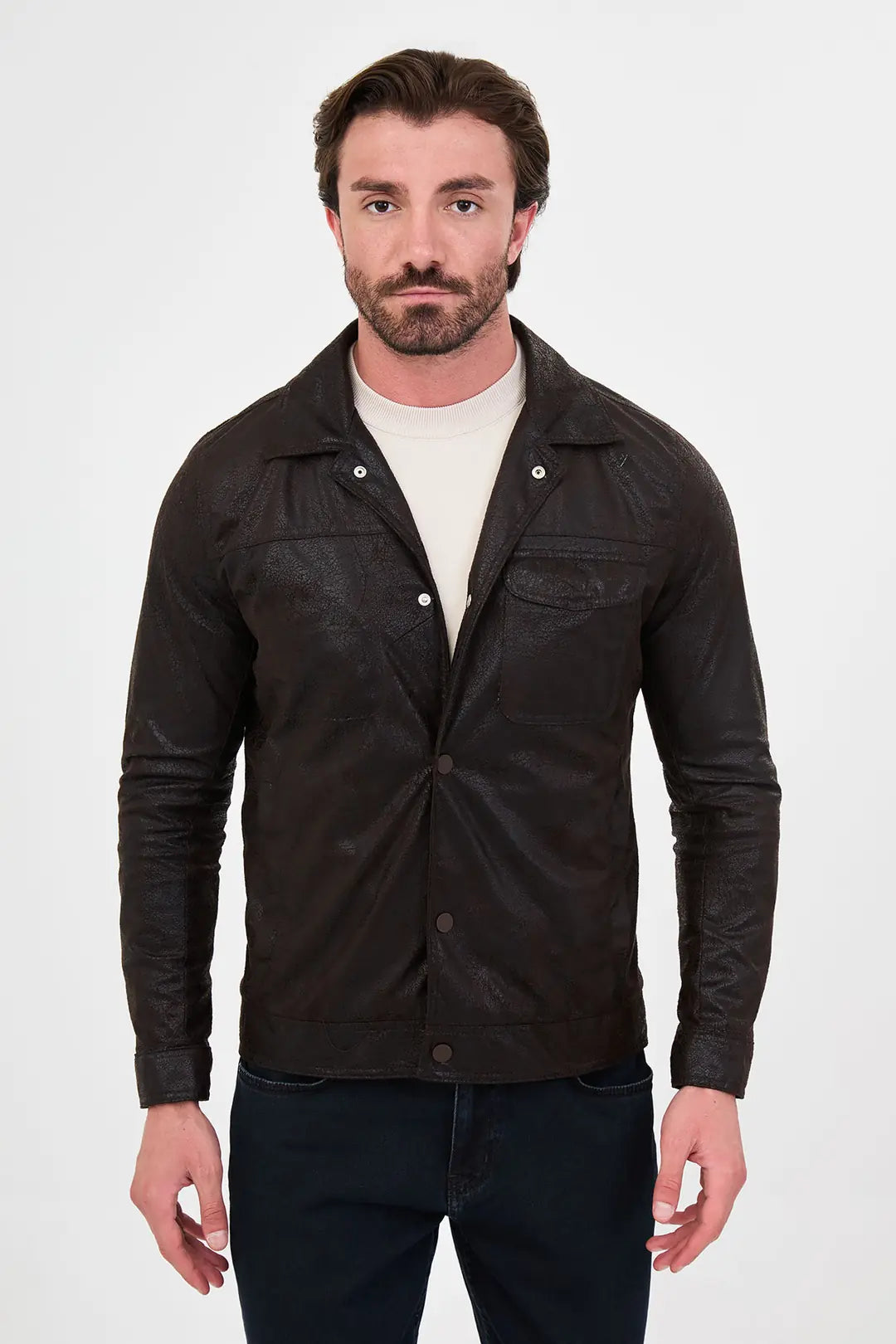 Faux Leather Trucker Jacket Coffee