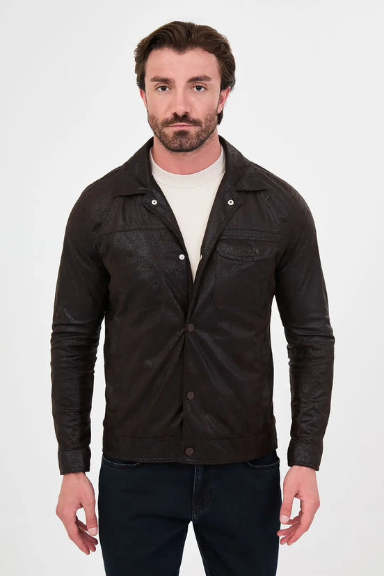 Faux Leather Trucker Jacket Coffee