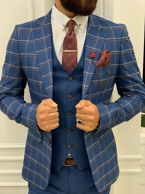 Alexandria Blue Slim Fit Peak Lapel Plaid Suit
