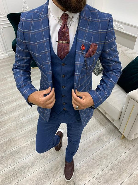 Alexandria Blue Slim Fit Peak Lapel Plaid Suit