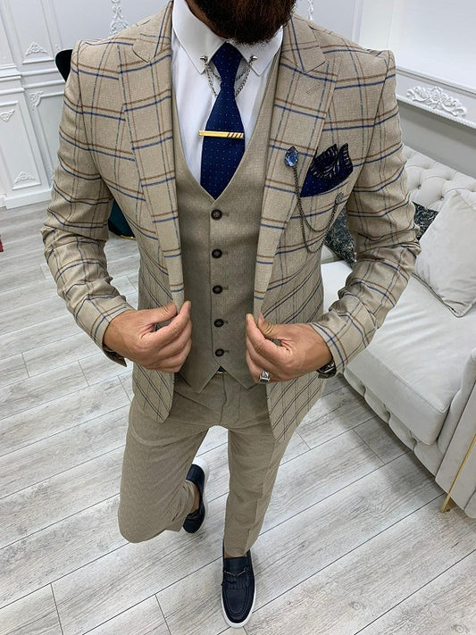 Alexandria Cream Slim Fit Peak Lapel Plaid Suit