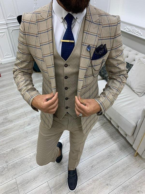 Alexandria Cream Slim Fit Peak Lapel Plaid Suit