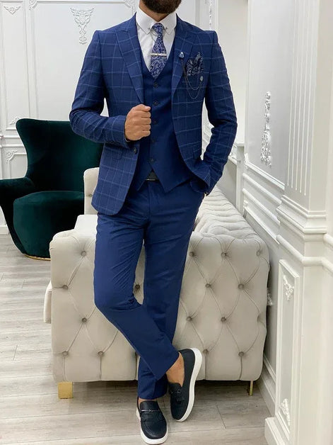 Alexandria Indigo Slim Fit Peak Lapel Plaid Suit