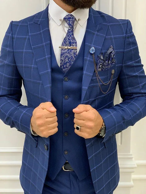 Alexandria Indigo Slim Fit Peak Lapel Plaid Suit