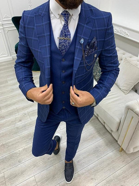 Alexandria Indigo Slim Fit Peak Lapel Plaid Suit