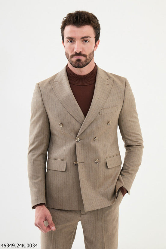 Beige Double Breasted Suit