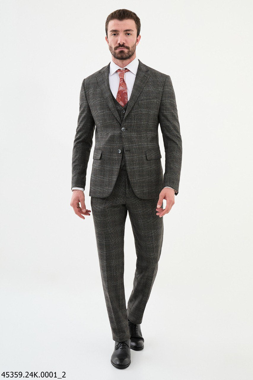 Ames Black 3 Piece Glen Check Wool Suit
