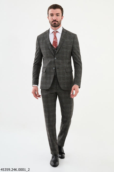 Ames Black 3 Piece Glen Check Wool Suit