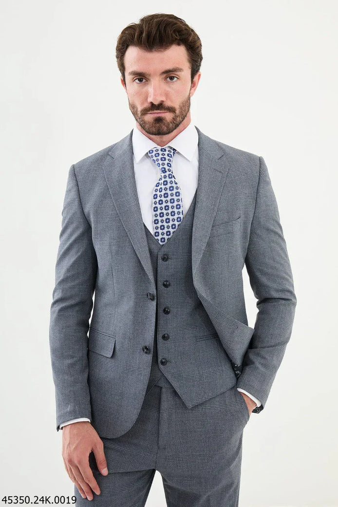 Ames 3 Piece Plaid Wool Blue Suit