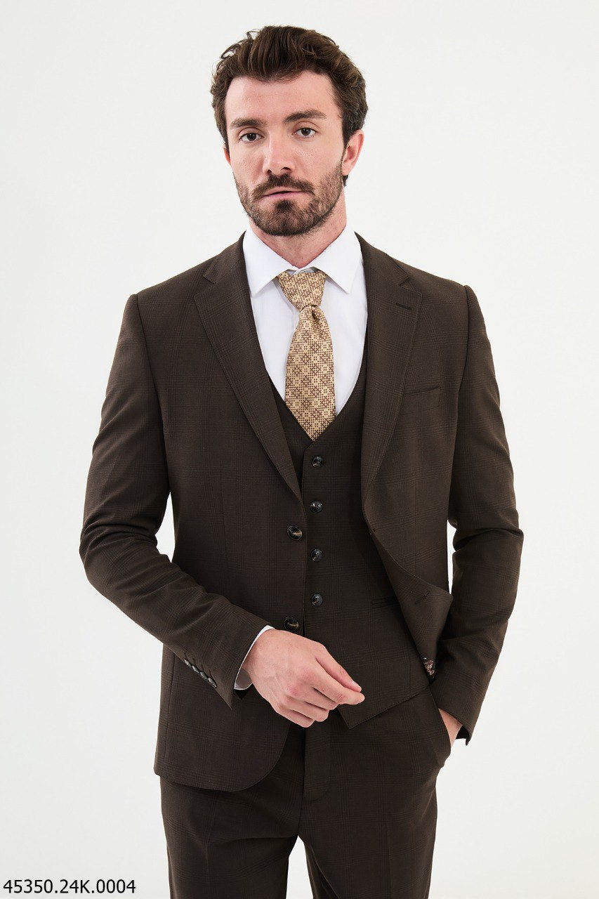 Ames Coffee Brown 3 Piece Plaid Suit