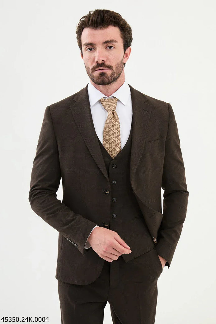 Ames Coffee Brown 3 Piece Plaid Suit