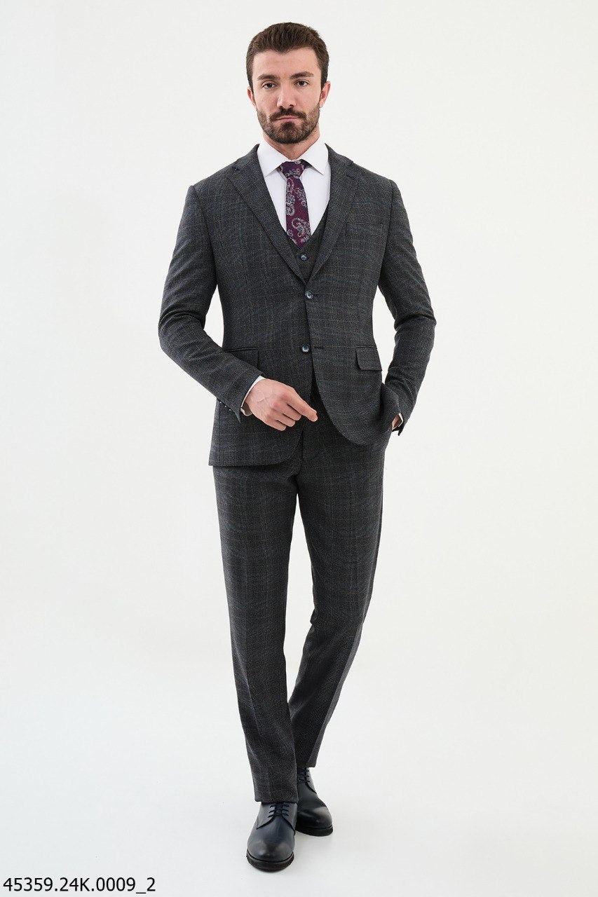 Ames Dark Blue 3 Piece Glen Check Wool Suit