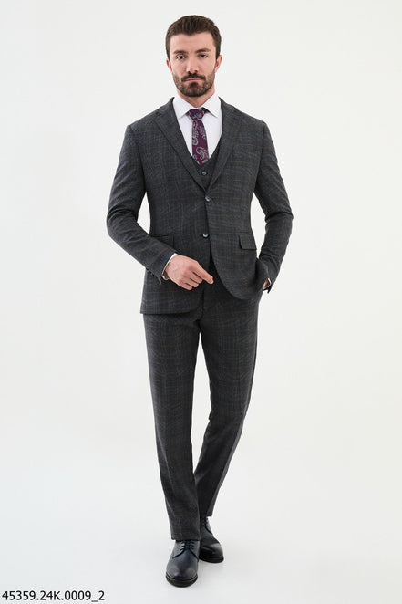 Ames Dark Blue 3 Piece Glen Check Wool Suit