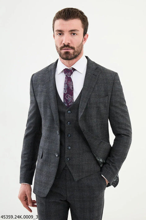 Ames Dark Blue 3 Piece Glen Check Wool Suit