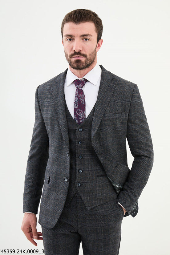 Dark Blue 3 Piece Glen Check Wool Suit