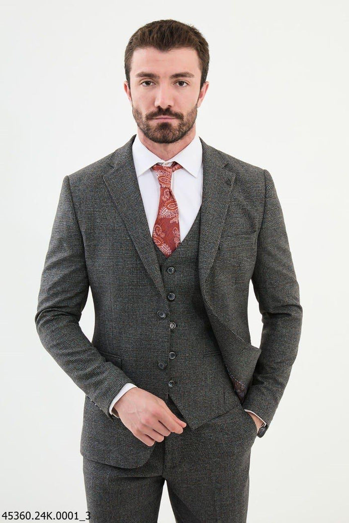 GentWith Ames Dark Gray 3 Piece Glen Check Wool Suit