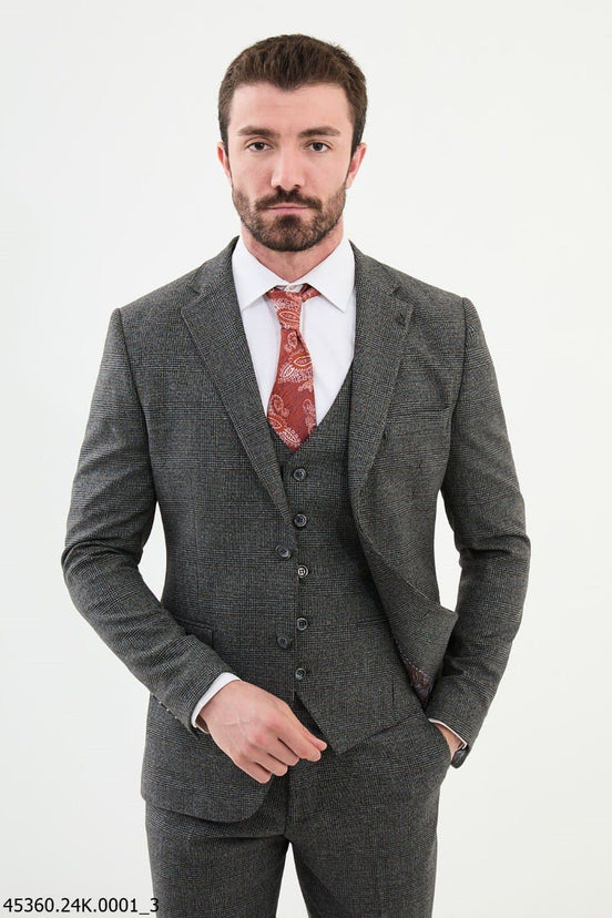 Dark Gray 3 Piece Glen Check Wool Suit