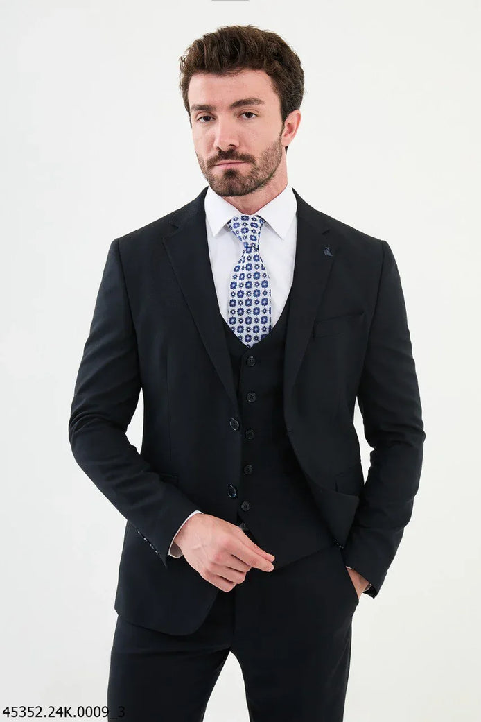 Ames 3 Piece Notch Lapel Wool Dark Blue Suit