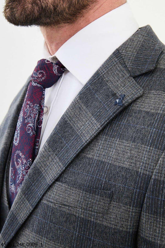 Gray Blue 3 Piece Glen Plaid Wool Suit