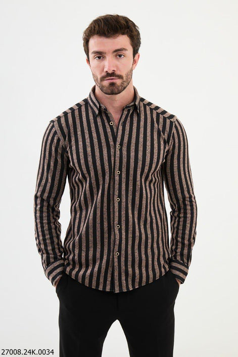 Ames Men's Beige Black Striped Shirt