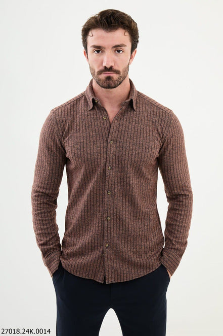 Ames Men's Brown Striped Long Sleeve Shirt