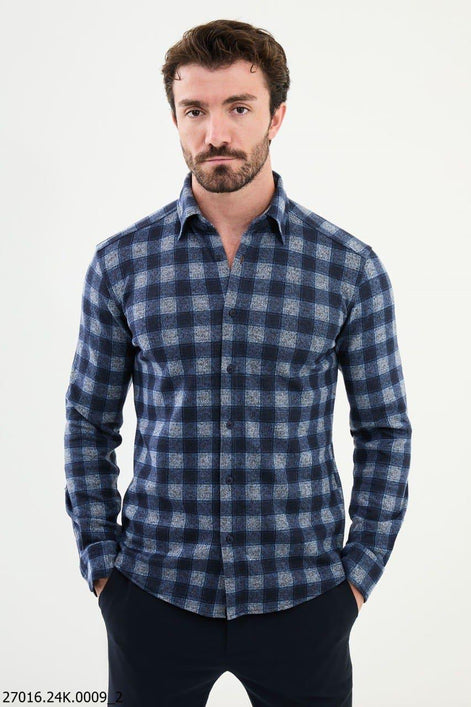 Ames Wool Slim Fit Navy Blue Plaid Shirt