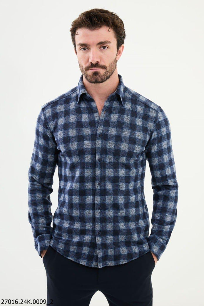 Ames Wool Slim Fit Navy Blue Plaid Shirt