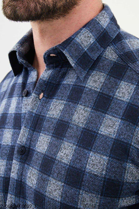 Ames Wool Slim Fit Navy Blue Plaid Shirt