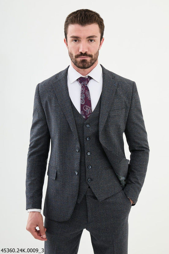 Navy Blue 3 Piece Glen Check Wool Suit