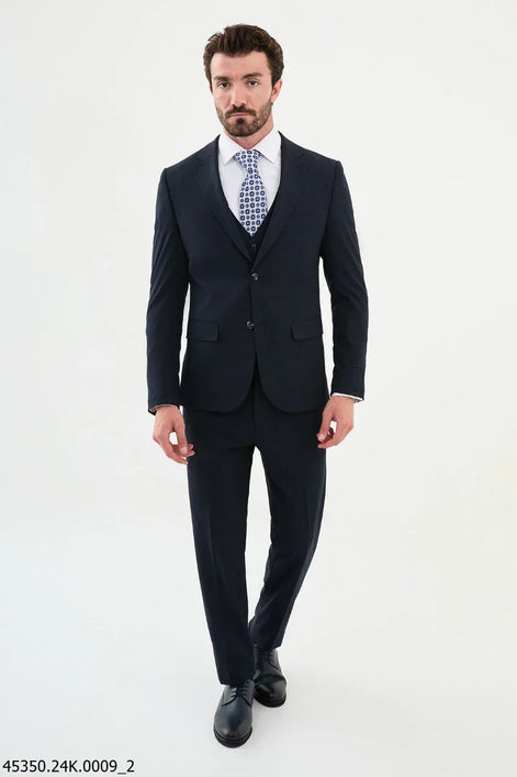 Ames Navy Blue 3 Piece Plaid Suit