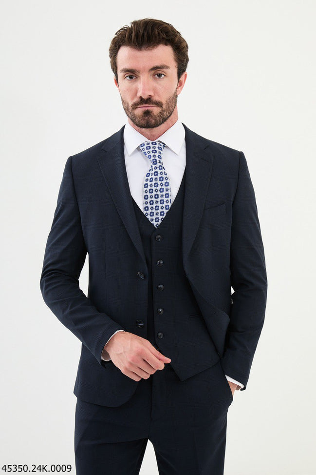 Ames Navy Blue 3 Piece Plaid Suit