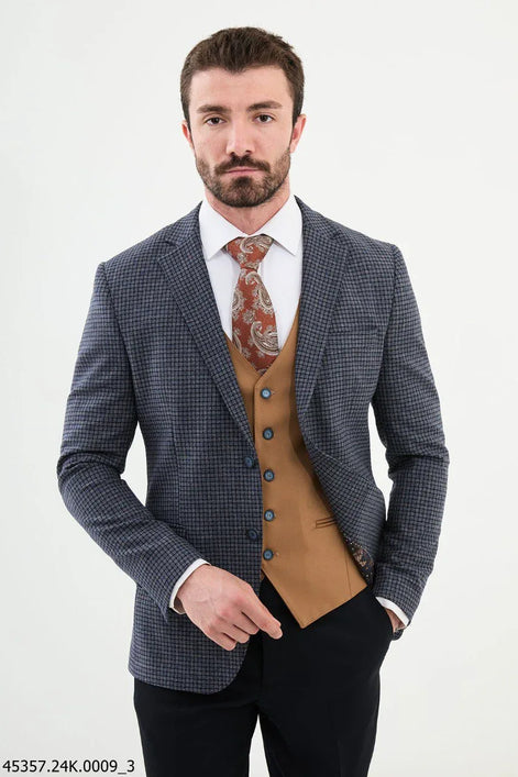 Ames Navy Blue 3 Piece Shepherd's Check Wool Suit