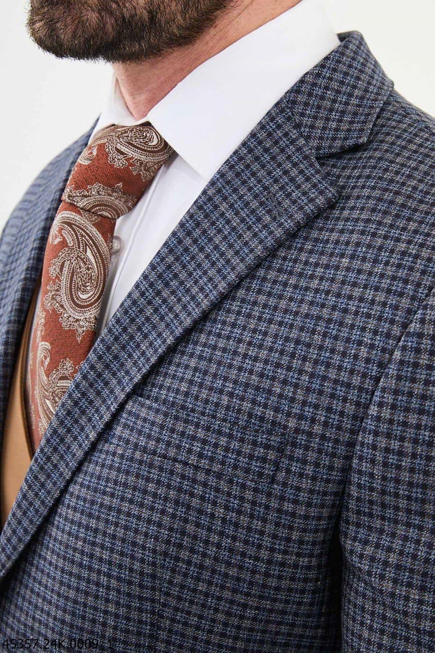 Ames Navy Blue 3 Piece Shepherd's Check Wool Suit