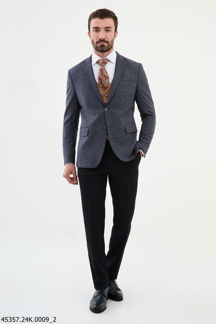 Ames Navy Blue 3 Piece Shepherd's Check Wool Suit