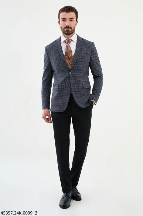 Ames Navy Blue 3 Piece Shepherd's Check Wool Suit