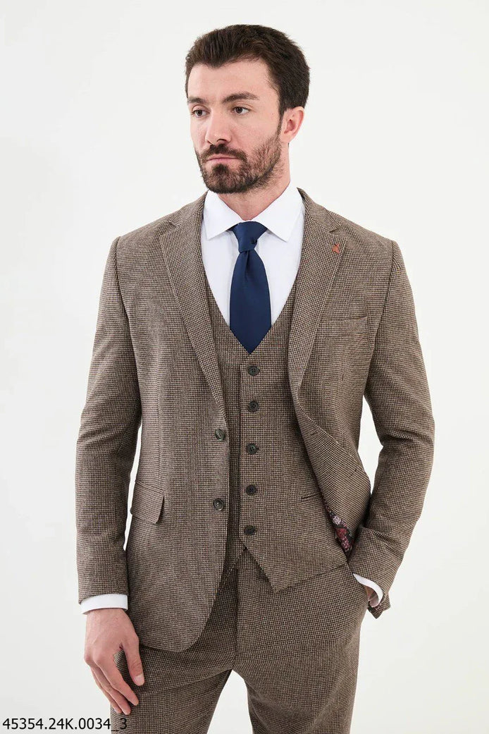 Ames Navy Brown 3 Piece Shepherd’s Check Wool Suit