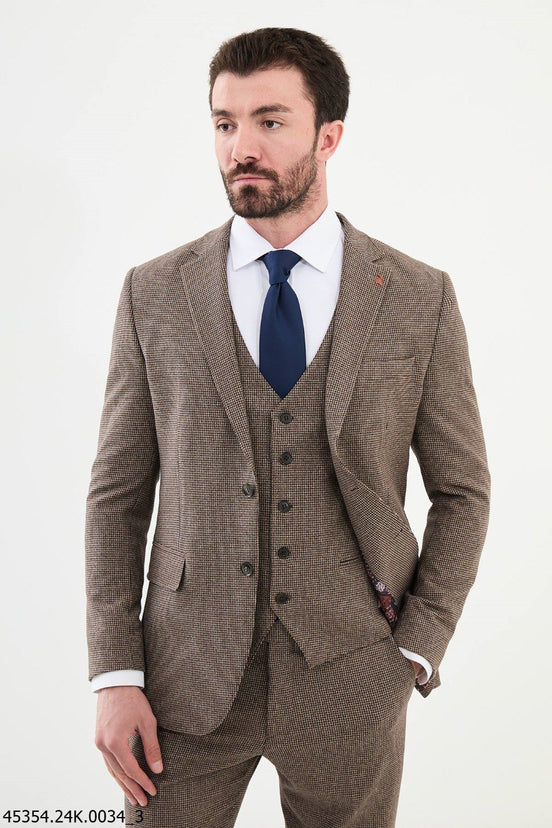 Navy Brown 3 Piece Houndstooth Wool Suit