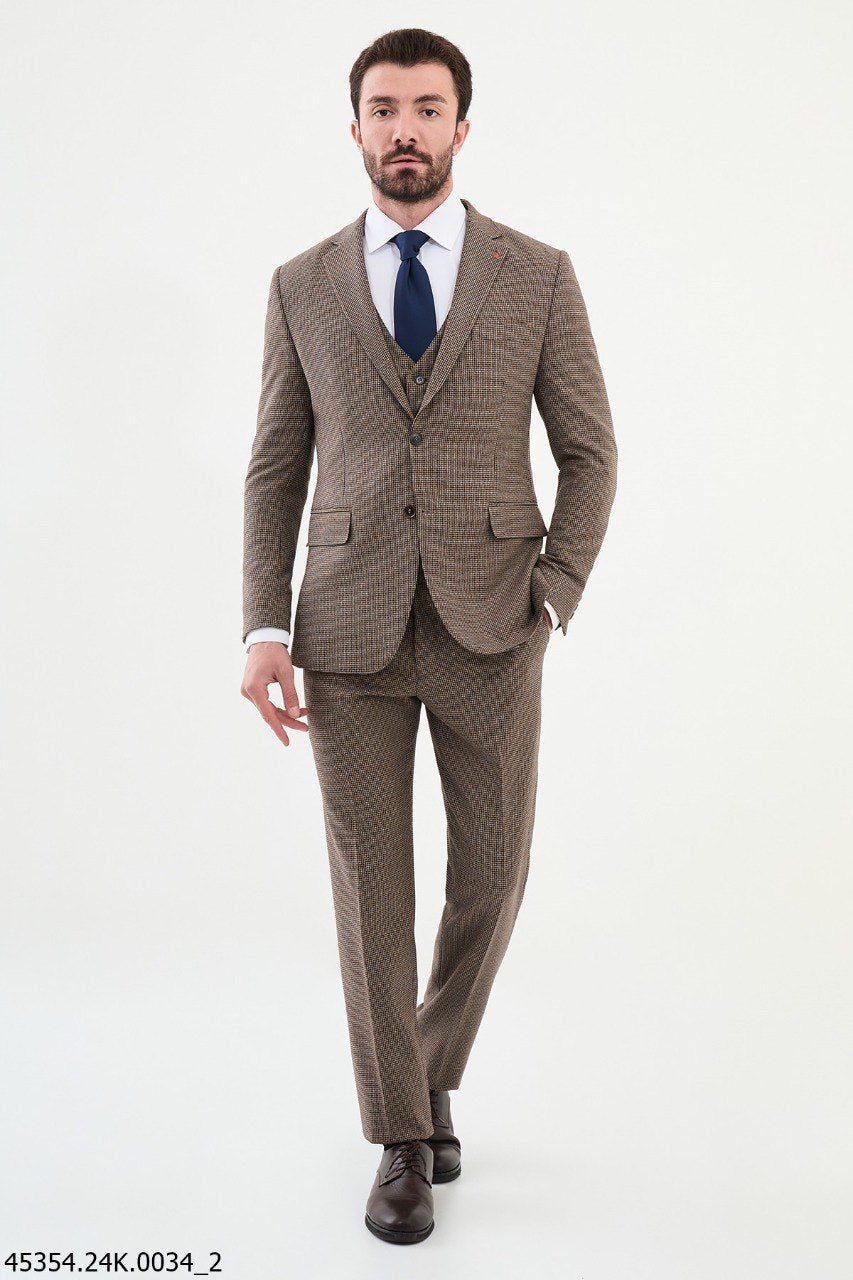 Ames Navy Brown 3 Piece Shepherd’s Check Wool Suit