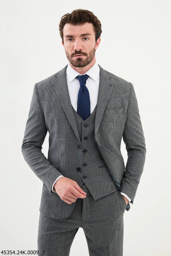 Ames Navy Gray 3 Piece Shepherd’s Check Wool Suit