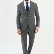 Ames Navy Gray 3 Piece Shepherd’s Check Wool Suit