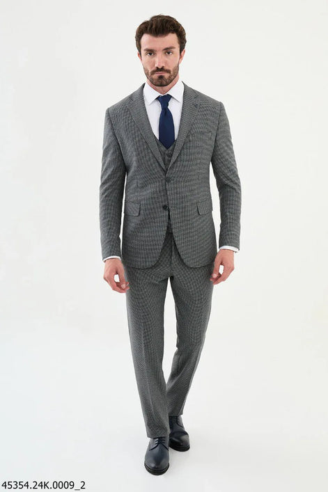 Ames Navy Gray 3 Piece Shepherd’s Check Wool Suit