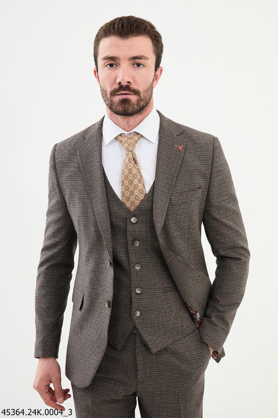 Navy Khaki 3 Piece Houndstooth Wool Suit